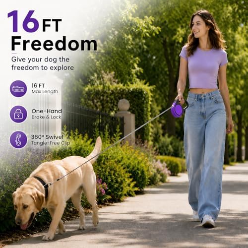 Heavy Duty Retractable Dog Leash-16ft Strong & Durable Walking Leash for S to L Dogs up to 45/115 lbs, Upgraded Lock System, Non Slip Grip, Tangle Free (Purple, Medium-Large Sized)