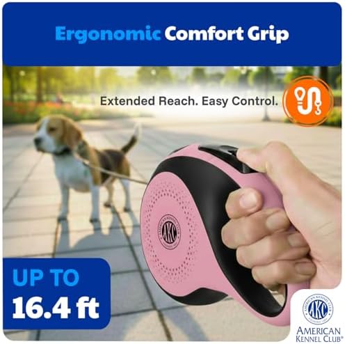 American Kennel Club Retractable Dog Leash, 16.4ft, Tangle-Free, Ergonomic Grip, One-Hand Brake, for Medium & Large Dogs up to 66 lbs, White