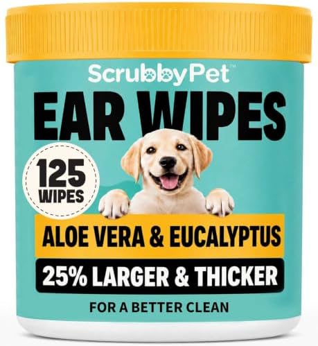 Scrubby Pet Dog Ear Wipes for Dogs | Extra Thick with Aloe Vera & Eucalyptus | 125 Count | Hypoallergenic Ear Cleaner for Dogs with Pearl Texture for Deeper Clean