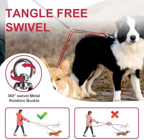MingXpet 2 Dog Leash, Dog Leash for 2 Dogs, 360° Swivel No Tangle Double Walking Training Leashes for Large Dogs that Pull, Comfortable Shock Absorbing Reflective Bungee, Red