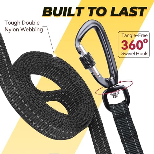 VIVAGLORY Double Handle Dog Leash Twingrip, 4ft x 1/2in, Black-Carabiner