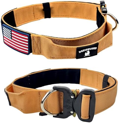 Tactical Dog Collar with Handle - 1.5 Inch Thick Heavy Duty Nylon, Military Style Metal Quick Release Buckle & Integrated D-Ring, for Medium & Large Dogs – Includes USA Flag On Customizable Name Plate