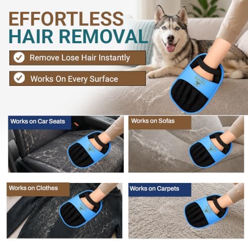 Pet Hair Remover Glove for Dogs & Cats – Reusable Electrostatic Pet Fur Removal Mitt for Couch, Carpet, Clothing & Furniture | Elastic Strap & Hanging Loop (1 Pack) Blue