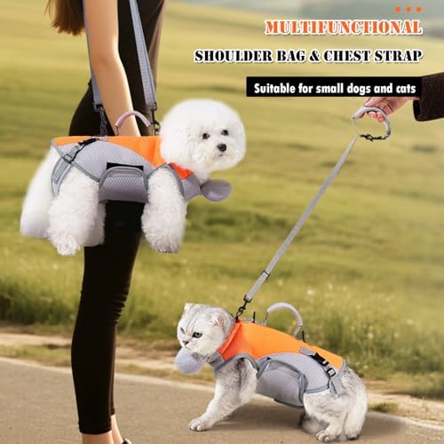BAMY 2 in 1 Cat Shoulder Carrier, Outdoor Small Dog Harness and Leash, Cats Sling Carrier Bag, Breathable Pet Travel Carriers (S (Chest circuitference 9.8"-15"))
