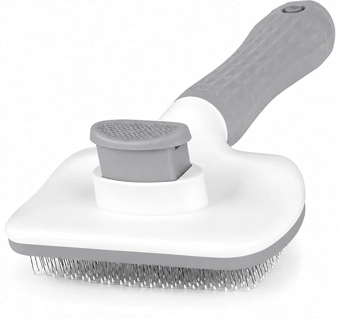 Generic Pet Grooming Brush, Gray - Self Cleaning Dematting Comb for Cats and Dogs, Bristles with Massage Particles, Ergonomic Handle Design, Easy to Use, for Long or Short Hair Breeds, Stainless Steel