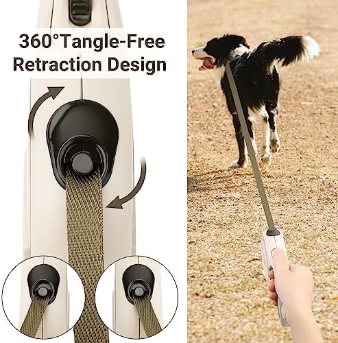 Segarty Retractable Leash Small Dog, 16ft Heavy Duty Walking Dog Leash for Medium Pet up to 44lb, Anti-Slip Handle 360°Tangle-Free Nylon Tape, One-Handed One Button Lock and Release (Khaki)