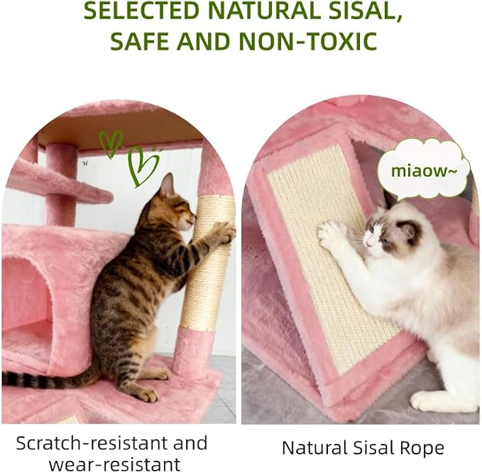 Cat Tree Tower for Indoor Cats,Cat House with Sisal Scratching Post,Multi-Level Cat Condo and 3 Large Platforms (Pink)