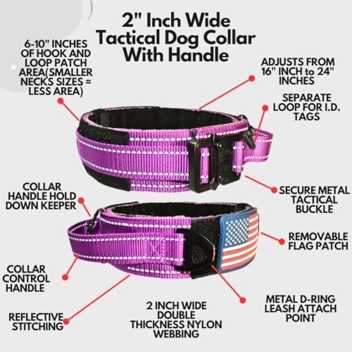 2-Inch Wide Tactical Dog Collar with Control Handle, Adjustable for Medium & Large Dogs, Military Style with Heavy-Duty Metal Buckle, USA Flag Patch & Customizable Name Plate, Training & Everyday Use