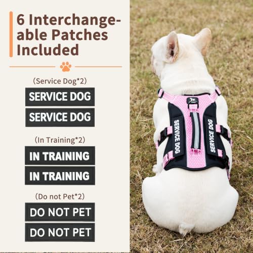 Huntboo Service Dog Vest Harness, Escape Proof Harness with 6 Patches, No-Pull, Reflective Harness with Handle, Adjustable for Small to Large Dogs, for Training and Hiking (Pink, L)