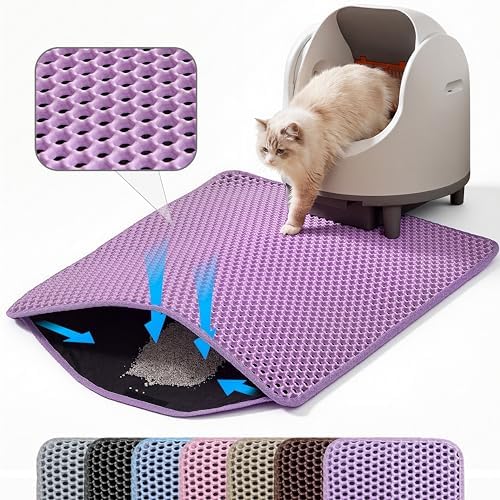 Cat Litter Mat, Double Layer Honeycomb Cat Litter Trapping Mat, Non Slip Waterproof Urine Proof Cat Litter Box Mat for Floor, Kitty Litter Rug, Cat Supplies, Purple, 46x26 Inches
