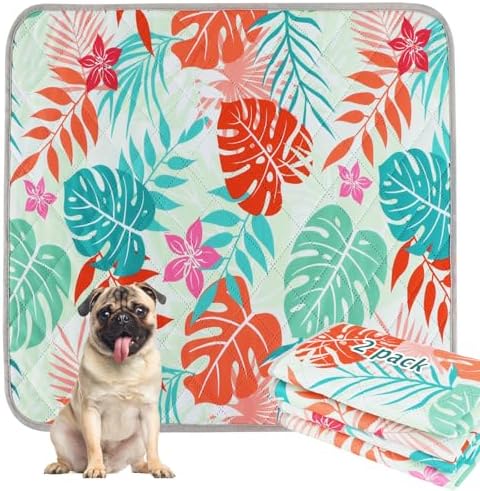BVAGSS Washable Pee Pads for Dogs, 2 Pack Reusable Leakproof Puppy Wee Wee, Non-Slip Waterproof Pet Training, Super Absorbent Whelping XH081 (Green Palm Leaves, 36X24 Inch)