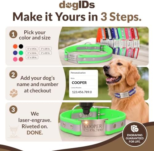dogIDs Personalized Reflective Waterproof ScruffTag Dog Collar - Custom, Soft Grip, Safe Adjustable, Odor Resistant - Green, 1 in x 16 in (Fits Neck Sizes: 14-18 in)
