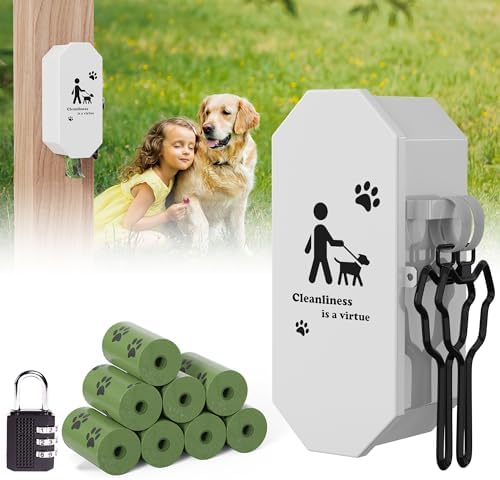 Dog Poop Bag Dispenser Wall Mount with 2Pcs Holders and 8 Rolls of Waste Bag, Metal, Corrosion-resistant, Combination Lock, Dark Gray, Suitable for Outdoor, Indoor, Raising Dogs