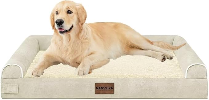 NANUYA Orthopedic Dog Bed for Large Dogs, 36 x 27 Inch, Beige | Egg crate foam for joint support, 3-sided bolster pet sofa, waterproof lining, washable cover, and non-skid base