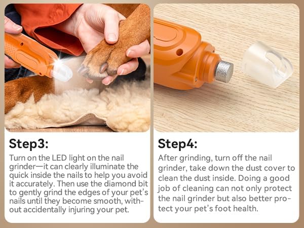 PAPIFFEED Dog Nail Grinder, Quiet 6-Speed Electric Nail Trimmer with Dual LED Light, Rechargeable for Small Medium Large Dogs, with Premium Nail Clipper (Orange Set)