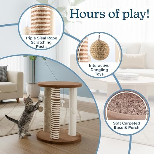 Cat Scratching Post - 3 Scratcher Posts with Carpeted Base Play Area and Perch - Furniture Scratching Deterrent for Indoor Cats by PETMAKER (Brown), Large