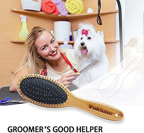 Dog Brush Cat Brush, Vokiuler Double Sided Bristle and Pin Pet Brush for Dog Grooming, Real Boar Bristle Shedding Brush with Bamboo Handle for Long Short Hair, 2 Pack Dog Comb, White