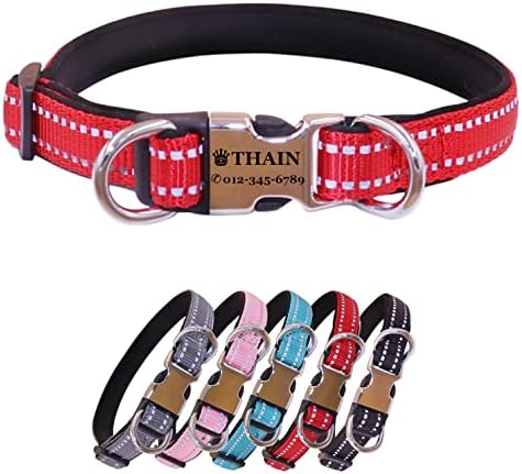 THAIN Reflective Personalized Dog Collar Engraved Custom Buckle- Soft Nylon Pet Collar with Name Plate Engraved Name, Phone Number, Silent,No Noise Adjustable (M, Red)