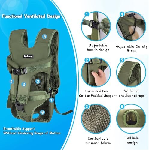 PetBonus Pet Front Dog Carrier Backpacks, Adjustable Pet Backpack, Legs Out Easy-fit Puppy Chest Carrier for Medium Small Dogs, Hands Free for Hiking, Cycling (Army Green, L)