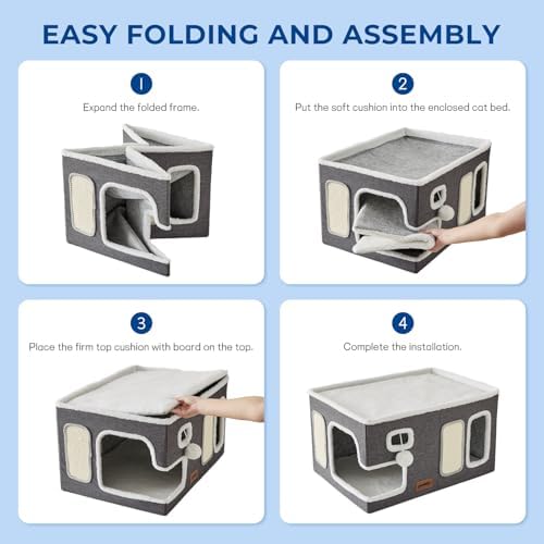 ZOMISIA Extra-Wide Cat House for Indoor Cats - Large Cat House for Pet with Fluffy Ball Hanging and Scratch Pad, Foldable Cat Hideaway for Multi Cats, 23x16.5x13 inches, Navy