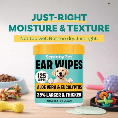 Scrubby Pet Dog Ear Wipes for Dogs | Extra Thick with Aloe Vera & Eucalyptus | 125 Count | Hypoallergenic Ear Cleaner for Dogs with Pearl Texture for Deeper Clean