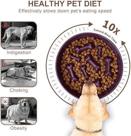 Ceramic Slow Feeder Dog Bowls, Ceramic Slow Feeder Maze Dog Food Bowl, Slow Eating Dog Bowl and Slow Feeder Dog Bowl Anti-Choking for Daily Pet Feeding （Purple Bone）