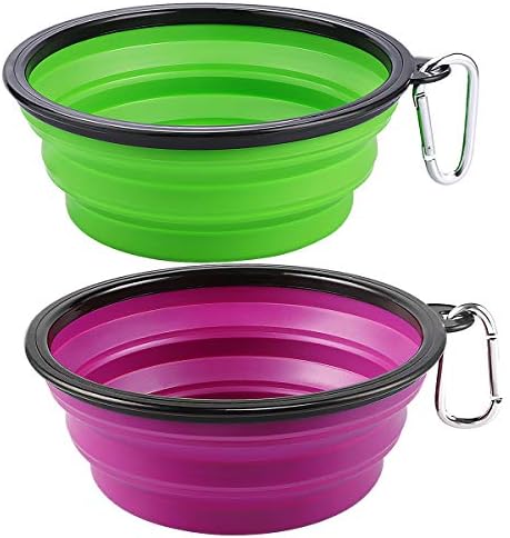 Kytely Large Collapsible Dog Bowls 2 Pack, 34oz Foldable Dog Travel Bowl, Portable Pet Water Food Bowl with Clasp, Pet Cat Feeding Cup Dish for Traveling, Walking, Hiking (Green+Purple)