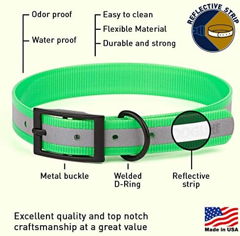 Dogline Biothane Translucent Reflective Waterproof Dog Collar Strong Coated Nylon Webbing with Black Hardware Odor- Proof for Easy Care Clean Fits Small Medium or Large Dogs - Green 3/4"W x 12"-15" L