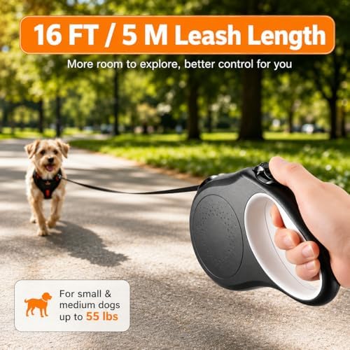 Retractable Dog Leash, 16 FT Strong Nylon Tape for Small and Medium Dogs up to 55 lbs, 360° Tangle-Free Design, One-Hand Brake & Lock with 3 Control Modes, Ergonomic Non-Slip Handle