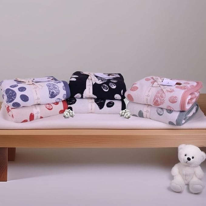 Small Pet Blanket - 100% Organic Cotton, Double Layer Plush Sherpa, Soft Plush, Blue Paw Jacquard Knit, 30"x40", Small Dog Blanket, Ideal Cat Blanket - Soft and Warm