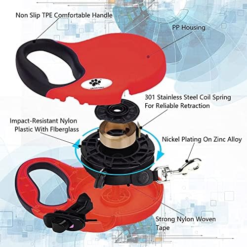 16 ft Retractable Dog Leash for Large Dogs up to 44 lbs,Tangle-Free Nylon Tape,Red Dan M