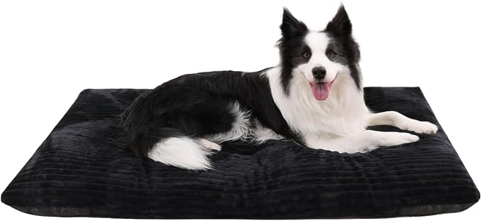 KSIIA Washable Dog Crate Bed Kennel Mat for Large Dogs,35 x 23 Inch, Black | 3in thick soft PP filling,Elastic rebound,300gsm shed-proof flannel,Soft skin-friendly,Anti-slip bottom,Machine washable