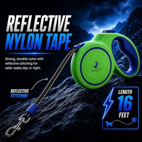 Retractable Dog Leash 16 FT (5M) – Heavy Duty Tangle-Free Dog Leash with One-Touch Brake & Lock, Reflective Nylon Tape, Ergonomic Non-Slip Handle for Small, Medium & Large Dogs up to 50 KG