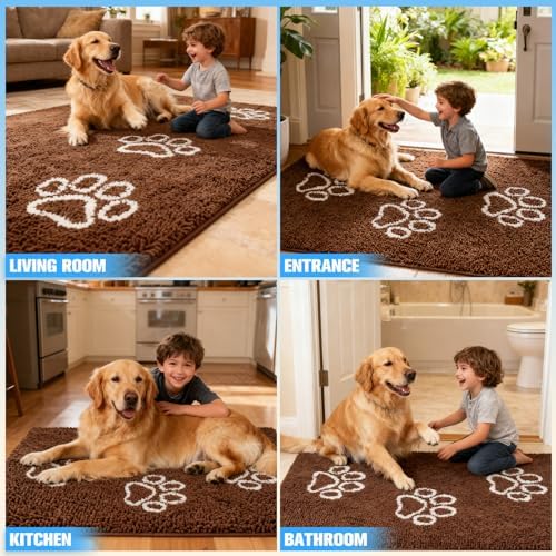 EXPAWLORER Dog Door Mat for Muddy Paws - Highly Absorbent Microfiber Pet Rug, Quick Dry Chenille Dog Runner Rug Indoor Outdoor, Non-Slip Entryway Carpet Washable Mud Mat for Dogs, Brown 60"x30"