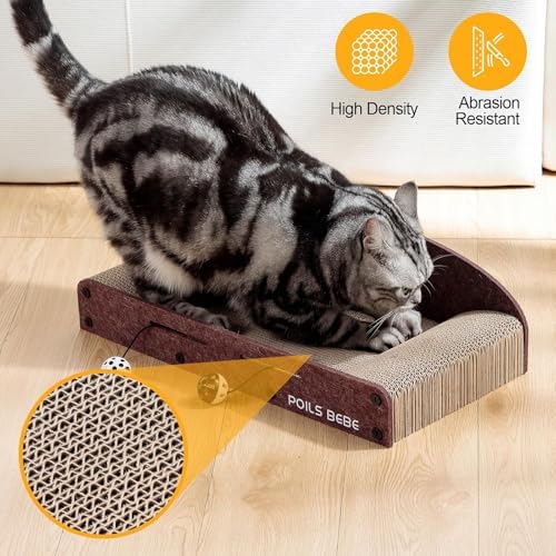 Poils Bebe 26 Inch Sofa Cat Scratcher, Small Cat Scratcher Cardboard with Bell Balls, Durable Couch Lounger for Indoor Cats, Cat Scratch Furniture Protector with Catnip, Cat Toys
