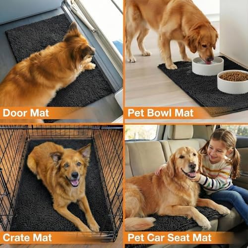 Neater Pets Muddy Paws Dog Door Mat 30” x 20” – Super Absorbent & Quick-Dry Chenille Doormat for Trapping Dirt, Water, Mud - Non-Slip & Machine Washable Pet Rugs for Entryway, Indoor Mud Mats, Black