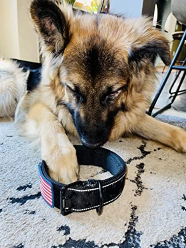 Tactical Dog Collar 2 Inch Wide Heavy Duty with Metal 2-Pin Belt Buckle, Adjustable for Large & Medium Dogs, Military Style K9 Collar with Name Patch Area, USA Flag Patch, ID Tag Loop, Strong Durable