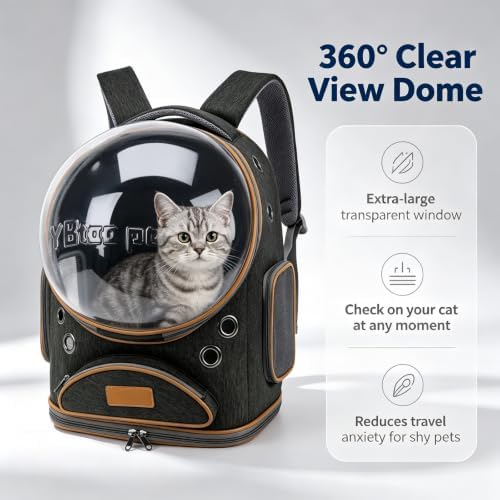 Cat Backpack Carrier, Breathable Cat Carrier Large Space Bubble Pet Backpack for Small Dog and Large cat up to 18lbs, Transparent & Foldable Pet Carrier for Travel Hiking (Black)