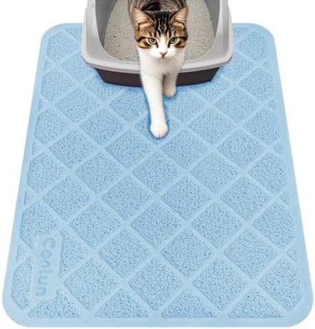 Conlun Cat Litter Mat Litter Trapping Mat, Premium Durable PVC Grid Mesh with Scatter Control, Non-Slip, Less Waste Cat Litter Box Mat, Soft on Kitty’s Paws, Urine Waterproof, 24" x 17" Light Blue