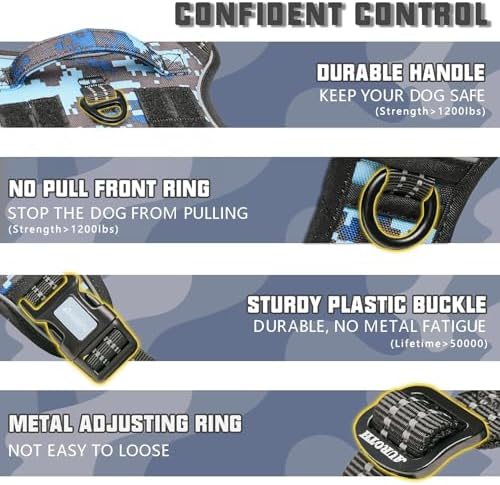 Auroth Tactical Dog Training Harness No Pulling Front Clip Leash Adhesion Reflective K9 Pet Working Vest Easy Control for Small Medium Large Dogs Blue Camo L