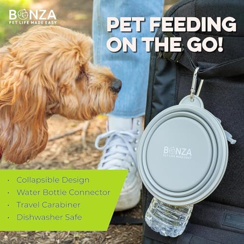 Bonza Collapsible Dog Bowls - 2 Pack, Small 12 oz, Dog Travel Accessories, Silicone Portable Dogs Bowl & Water Dish with Reinforced Rim & Carabiner for Hiking, Camping, and Car Trips, Light Gray