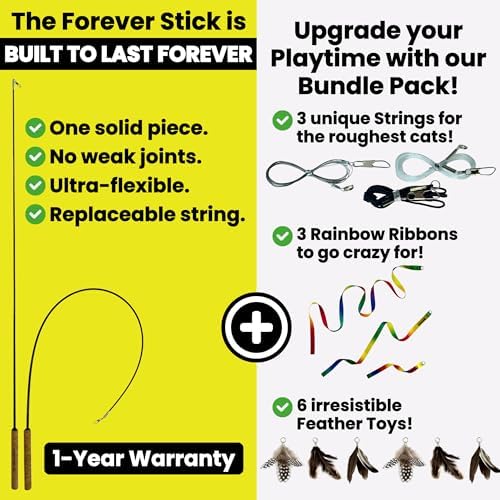 Forever Stick with Cat Toys and Strings Bundle - The Unbreakable Cat Wand Toy, Durable Cat Toy Wand, Extra Long Cat String Toy, Cat Fishing Pole Toy for Bored Indoor Adult Cats, Cat Stick Toy