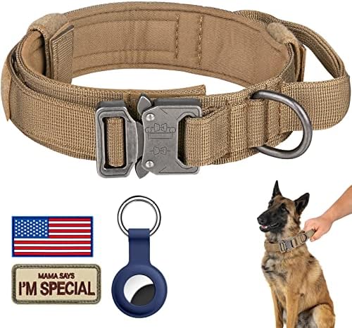 DAGANXI Tactical Dog Collar, Adjustable Military Training Nylon Dog Collar with Control Handle and Heavy Metal Buckle for Medium and Large Dogs, with Patches and Airtags Case (XXL, Brown)