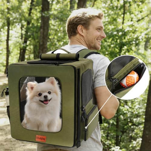 Vivifying Dog Backpack Carrier, 16.5"×15"×10.6" Breathable Pet Backpack for Travel with Sunshade, Locking Zippers & Thickened Bottom for Small Dogs and Cats up to 18 lb (Military Green)