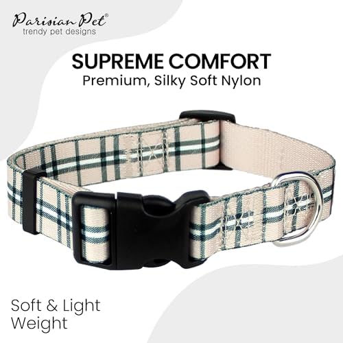 Parisian Pet Plaid Dog Collar - Adjustable Scottish Khaki Pet Collar with Secure Buckle and Metal D-Ring - Comfortable Designer Puppy Collars - Durable Nylon Checkered Dog Collars for Medium Dogs