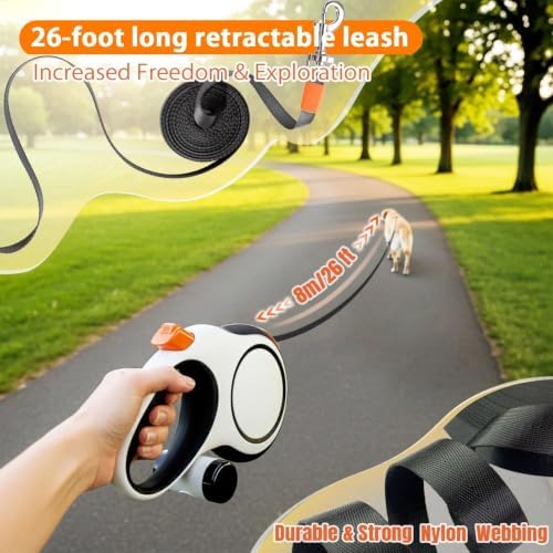 26FT Retractable Dog Leash for Medium & Large Dogs Up to 115 lbs, Heavy Duty Anti-Tangle Tape Leash with Quick Brake Lock, Comfortable Non-Slip Handle for Walking, Running & Training