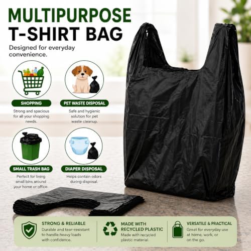 T-shirt Black Plastic Bag (600 ct.) Small Can Liners Doggy Poop Bags Compatible with Arm & Hammer Swivel Bin & Rake pooper scooper Thank You Grocery Shooping Bag Size Multipurpose Bags