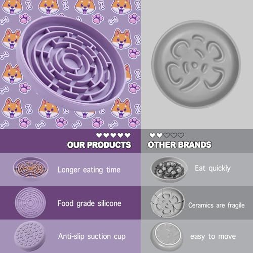 Silicone Slow Feeder Bowl with 37 Non-Slip Suction Cups — Anti-Choking Maze Design, Slows Eating 10x, Anxiety Relief, BPA-Free, for Small & Medium Dogs and Cats (Purple)