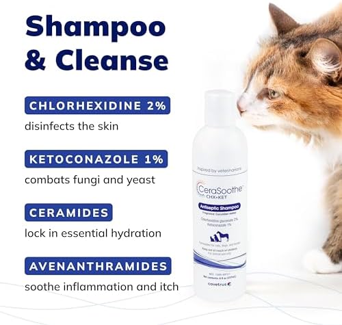 CeraSoothe CHX+KET Antiseptic Shampoo for Dogs, Cats & Horses – Chlorhexidine 2% & Ketoconazole 1% for Skin & Coat Cleansing, 16 oz