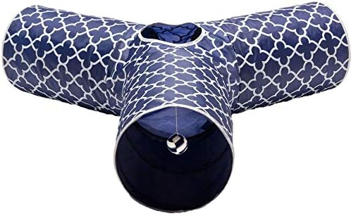 Cat Tunnel - Collapsible 3 Way Quatrefoil Play Toy - Tube Fun for Rabbits, Kittens, and Dogs - Quatrefoil Navy/White